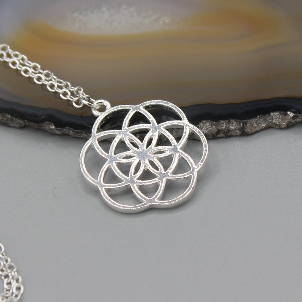 Mandala flower of life sacred silver tone necklace